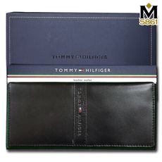 【Tommy】Tommy Hilfiger 男皮夾 長夾 牛皮中標設計 多卡夾 三鈔層 品牌盒裝／黑