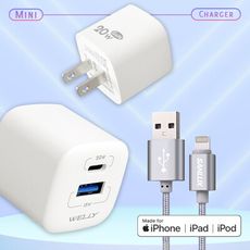 【台灣三洋】MFi認證線 Lightning USB 充電線-1M+WELLY 氮化鎵 迷你充電器