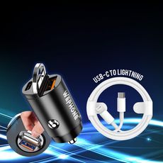 【極速45W】拉環雙孔車用充電器+USB-C to Lightning PD數據快充線(100cm)