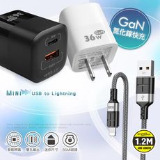 【WELLY】36W氮化鎵GaN 雙孔充電器+2.4A抗彎折 iPhone Lightning 線