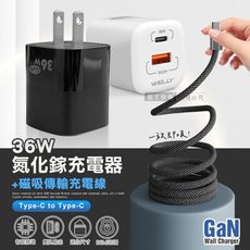 【WELLY】36W氮化鎵GaN 迷你雙孔充電器+Type-C to Type-C 磁吸秒收充電線