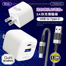 【WELLY】氮化鎵GaN 迷你充電器+3A抗彎折 USB to Type-C 鋁合金傳輸充電線