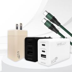 【WELLY】65W氮化鎵GaN 極速充電器 三孔輸出+100W 雙Type-C 充電線組合