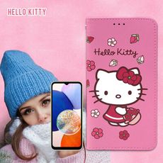 【三麗鷗正版】Hello Kitty 三星 Galaxy A14 5G 櫻花吊繩款彩繪側掀皮套