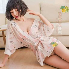 【獨愛情趣精品】和煦暖陽．日式雪紡透視開衫和服套裝三件組(水墨粉)