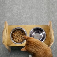 JohoE嚴選 可調式竹木寵物餐桌雙碗架(附不鏽鋼碗)