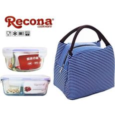 【Recona】圓形+長形 400°C耐熱分格玻璃保鮮盒800mlx2入隨機 贈時尚條紋便當袋/便當
