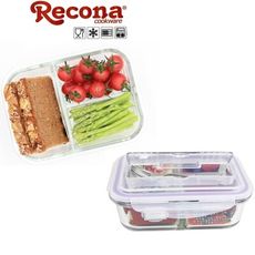 【Recona】長型耐熱3格玻璃保鮮盒950ml 附(匙+叉)x1+贈條紋便當袋x1(2入隨機)