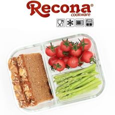 Recona 長型耐熱3格玻璃保鮮盒950ml 附(匙+叉)x1贈便當袋x1
