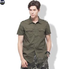 男裝修身襯衫短袖軍裝純棉口袋