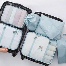旅行收納包 旅行收納袋 盥洗收納包 收納袋 行李收納袋 衣物收納[好室一妝 旅行袋7件組-米白斜紋]