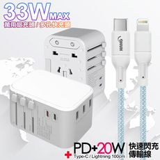 CITY萬用轉接頭PD快充33W急速充電器白+編織線Type-C to Lightning-1M