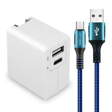 TOPCOM PD+USB雙孔快充充電器+CITY勇固Micro USB 編織快充線-1.2米藍