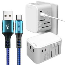 CITY萬用轉接頭急速充電器33W PD快充白+勇固 Type-C 45W耐彎折快充線藍1.5m