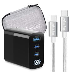 MYCELL 65W氮化鎵GDK55T黑色+Mystyle高密編織線C to C充電線-銀200cm