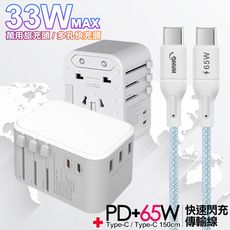 CITY萬用轉接頭PD快充33W急速充電器白+高密編織線Type-C to Type-C-150cm