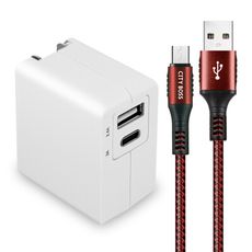 TOPCOM PD+USB雙孔快充充電器+CITY勇固Micro USB 編織快充線-2米-紅