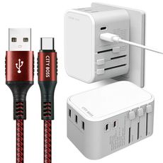 CITY萬用轉接頭急速充電器33W PD快充白+勇固 Type-C 45W耐彎折快充線紅1.5m
