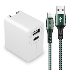 TOPCOM PD+USB雙孔快充充電器+CITY勇固Micro USB 編織快充線-2米-綠