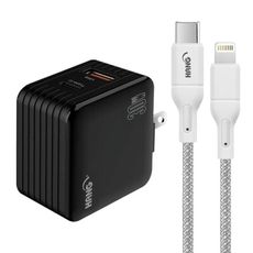 HANG 30W雙孔GaN快充USB+C充電器-黑+20W高密編織C to iP PD快充充電線2米