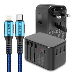 CITY萬用轉接頭急速充電器33W PD快充黑+勇固 PD 45W耐彎折快充線藍1.5m