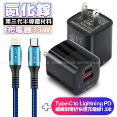 POLYBATT氮化鎵迷你Gan 33W充電器黑+勇固C to Lightning PD線1.2米藍