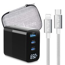 MYCELL 65W氮化鎵GDK55T 黑色+高密編織線 C to L 蘋果充電線-銀色120cm