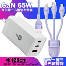 MyStyle 65W GaN氮化鎵極速充電器-白+倍思 66W 一出三快速充電線120cm-紫