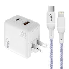 HANG 30W雙孔GaN快充USB+C充電器-白+20W高密編織C to iP PD快充充電線1米