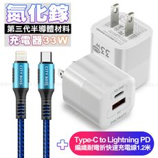 POLYBATT氮化鎵迷你Gan 33W充電器白+勇固C to Lightning PD線1.2米藍