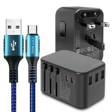 CITY萬用轉接頭急速充電器33W PD快充黑+勇固 Type-C 45W耐彎折快充線藍1.5m