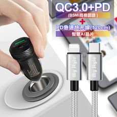 商檢認證PD+QC3.0 USB雙孔超急速車充+PD急速快充線-120cm 智慧AI晶片組合-色組