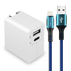 TOPCOM PD+USB雙孔快充充電器+CITY勇固 iPhone線-2米-藍