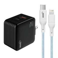 HANG 30W雙孔GaN快充USB+C充電器-黑+20W高密編織C to iP PD快充充電線1米