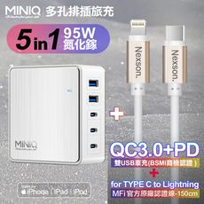 MiniQ-AC-DK200T氮化鎵五孔2A3C 95W 充電器白+NEXSON蘋果認證CtoL-金