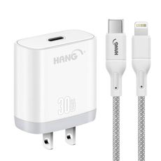 HANG 30W 第三代氮化鎵GaN超快速充電器-白+20W高密編織C to L PD快充充電線1米