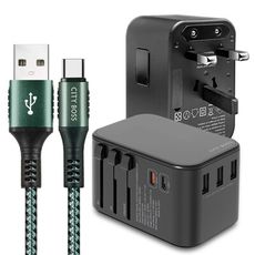 CITY萬用轉接頭急速充電器33W PD快充黑+勇固 Type-C 45W耐彎折快充線綠3m