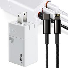 HANG 三代氮化鎵65W 白色+Baseus鎢金線Type-C to L 蘋果充電線100cm