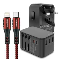 CITY萬用轉接頭急速充電器33W PD快充黑+勇固 PD 45W耐彎折快充線紅1.5m