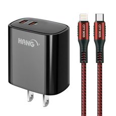 HANG C66 PD+QC快充雙Type C充電頭-黑+勇固C to L PD耐彎折快充線1.5米