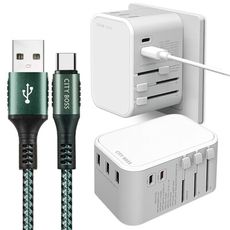 CITY萬用轉接頭急速充電器33W PD快充白+勇固 Type-C 45W耐彎折快充線綠1.5m