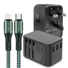 CITY萬用轉接頭急速充電器33W PD快充黑+勇固 PD 45W耐彎折快充線綠1.5m