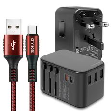 CITY萬用轉接頭急速充電器33W PD快充黑+勇固 Type-C 45W耐彎折快充線紅3m