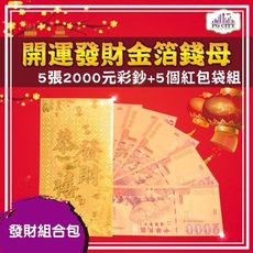 雙面彩色金箔2000元 開運發財金箔錢母 發財金 5張2000彩鈔+5個金箔紅包袋組 年節商品 PG