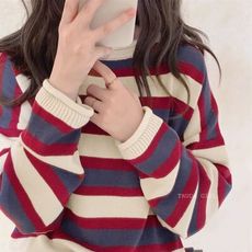《杜達女孩》學院模範生 美式復古條紋針織毛衣 慵懶條紋毛衣 撞色針織上衣 混羊絨針織毛衣 針織上衣