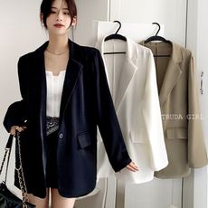 《杜達女孩》韓版高挺版厚磅西裝外套 一粒扣中長版西裝外套 翻領外套 薄外套 雪紡外套 西裝外套 長袖