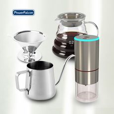 PowerFalcon咖啡用品四件組(鋼芯磨豆機 咖啡研磨 350ml手沖壺 1-2人不鏽鋼濾網 )