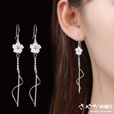 【Sayaka紗彌佳】唯美櫻花盛開粉鑽流蘇垂墜耳環 -白金色