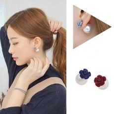 韓版時尚玫瑰花絨布珍珠氣質耳環耳飾耳針 G1913