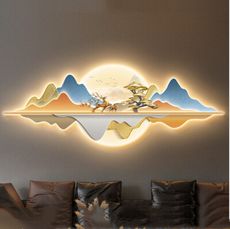 壁畫 裝飾燈 壁燈 80cm*26CM 輕奢沙發背景墻裝飾畫高檔山水畫led燈發光燈畫客廳掛畫壁畫